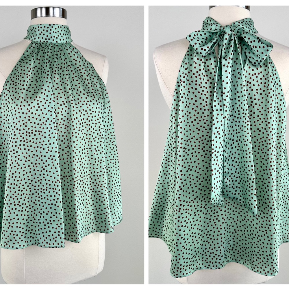 Zara Size XS Cropped Halter Top Mint Green Polkadot Tie High Neck Blouse